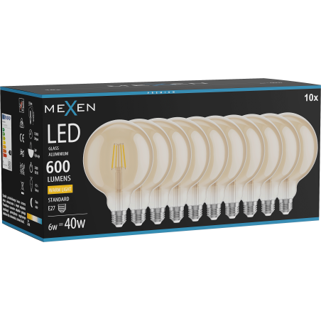 Mexen Vintis 10x žárovka filament LED E27, G125, 6W, Teplá - 2700K, 600 lm, amber - L158-E27-0627-50x10