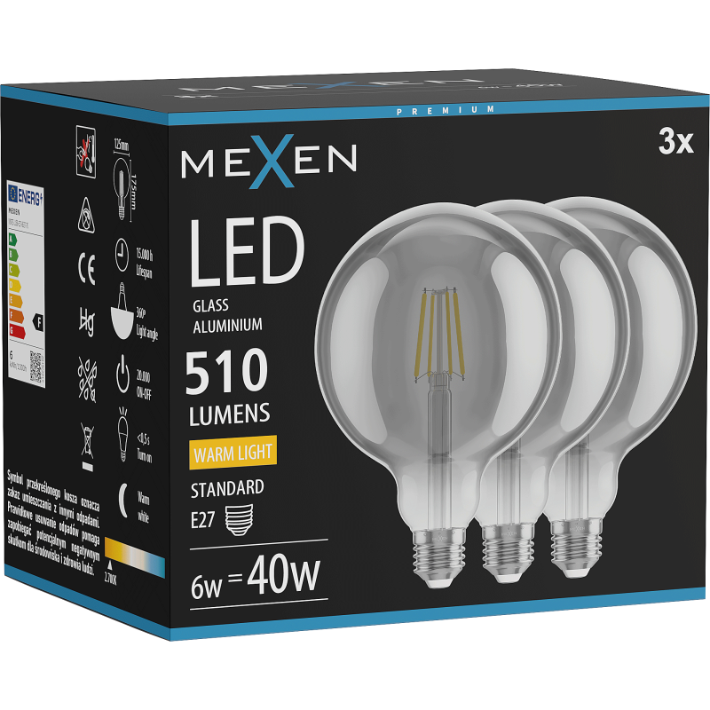 Mexen Vintis 3x LED žárovka filament E27, G125, 6W, Teplá - 2700K, 510 lm, kouřová - L158-E27-0627-70x03