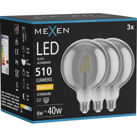 Mexen Vintis 3x LED žárovka filament E27, G125, 6W, Teplá - 2700K, 510 lm, kouřová - L158-E27-0627-70x03