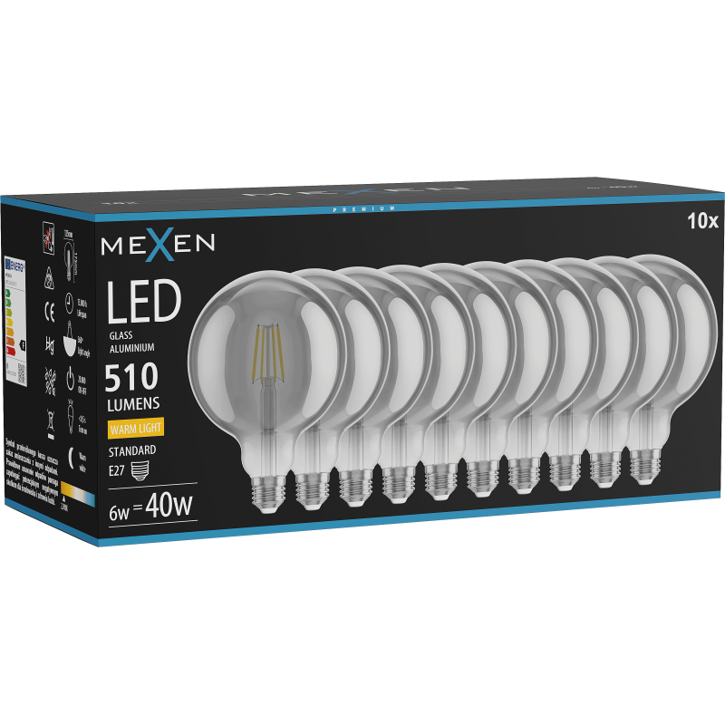 Mexen Vintis 10x žárovka filament LED E27, G125, 6W, Teplá - 2700K, 510 lm, kouřová - L158-E27-0627-70x10