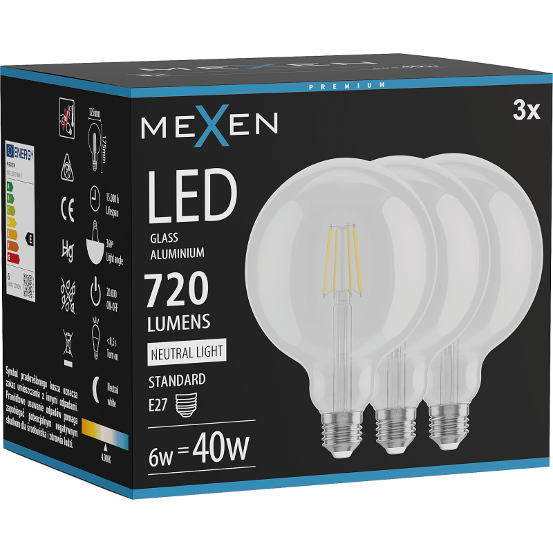 Mexen Vintis 3x žárovka filament LED E27, G125, 6W, Neutrální - 4000K, 720 lm, čirá - L158-E27-0640-00x03