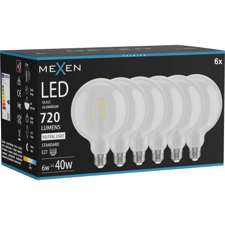 Mexen Vintis 6x Žárovka filament LED E27, G125, 6W, Neutrální - 4000K, 720 lm, čirá - L158-E27-0640-00x06