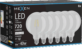 Mexen Vintis 6x Žárovka filament LED E27, G125, 6W, Neutrální - 4000K, 720 lm, čirá - L158-E27-0640-00x06