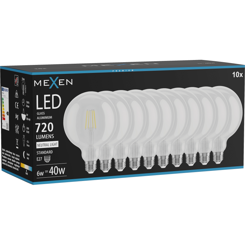 Mexen Vintis 10x žárovka filament LED E27, G125, 6W, Neutrální - 4000K, 720 lm, čirá - L158-E27-0640-00x10