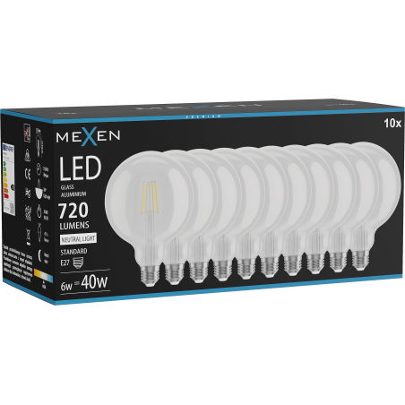 Mexen Vintis 10x žárovka filament LED E27, G125, 6W, Neutrální - 4000K, 720 lm, čirá - L158-E27-0640-00x10