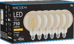 Mexen Vintis 6x LED filament žárovka E27, G125, 8W, Teplá - 2200K, 750 lm, jantarová - L158-E27-0822-50x06