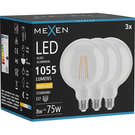 Mexen Vintis 3x LED vláknová žárovka E27, G125, 8W, Teplá - 2700K, 1055 lm, čirá - L158-E27-0827-00x03