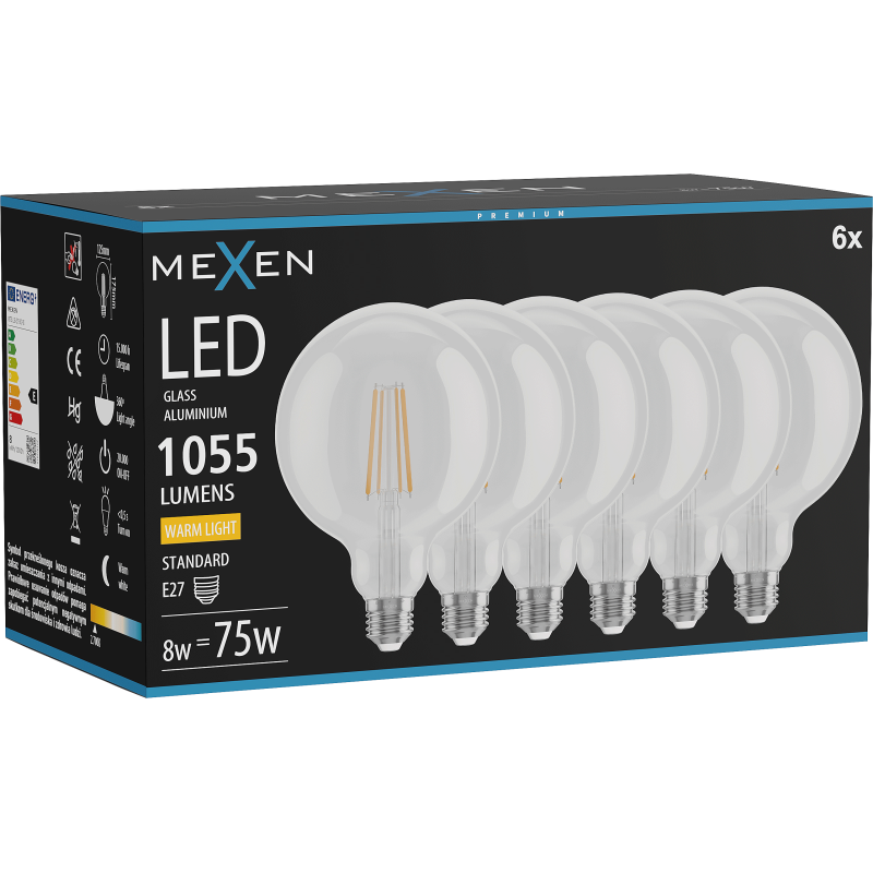 Mexen Vintis 6x LED žárovka filament E27, G125, 8W, Teplá - 2700K, 1055 lm, čirá - L158-E27-0827-00x06