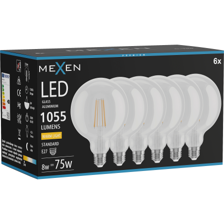 Mexen Vintis 6x LED žárovka filament E27, G125, 8W, Teplá - 2700K, 1055 lm, čirá - L158-E27-0827-00x06