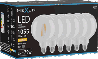 Mexen Vintis 6x LED žárovka filament E27, G125, 8W, Teplá - 2700K, 1055 lm, čirá - L158-E27-0827-00x06
