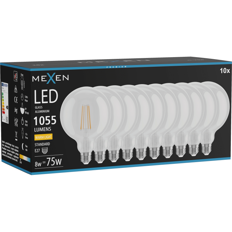 Mexen Vintis 10x Žárovka filament LED E27, G125, 8W, Teplá - 2700K, 1055 lm, čirá - L158-E27-0827-00x10