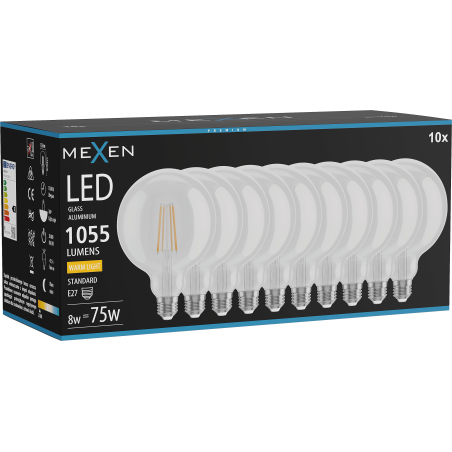 Mexen Vintis 10x Žárovka filament LED E27, G125, 8W, Teplá - 2700K, 1055 lm, čirá - L158-E27-0827-00x10