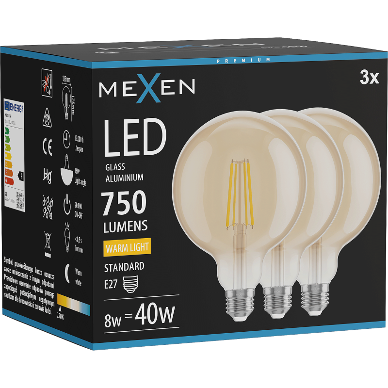 Mexen Vintis 3x LED filamentová žárovka E27, G125, 8W, Teplá - 2700K, 750 lm, jantarová - L158-E27-0827-50x03