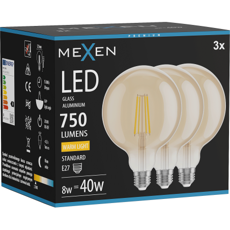 Mexen Vintis 3x LED filamentová žárovka E27, G125, 8W, Teplá - 2700K, 750 lm, jantarová - L158-E27-0827-50x03