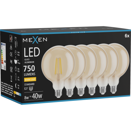 Mexen Vintis 6x žárovka filament LED E27, G125, 8W, Teplá - 2700K, 750 lm, jantarová - L158-E27-0827-50x06