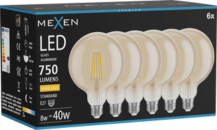 Mexen Vintis 6x žárovka filament LED E27, G125, 8W, Teplá - 2700K, 750 lm, jantarová - L158-E27-0827-50x06