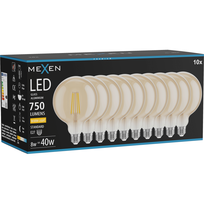 Mexen Vintis 10x Žárovka filament LED E27, G125, 8W, Teplá - 2700K, 750 lm, jantarová - L158-E27-0827-50x10