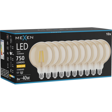 Mexen Vintis 10x Žárovka filament LED E27, G125, 8W, Teplá - 2700K, 750 lm, jantarová - L158-E27-0827-50x10