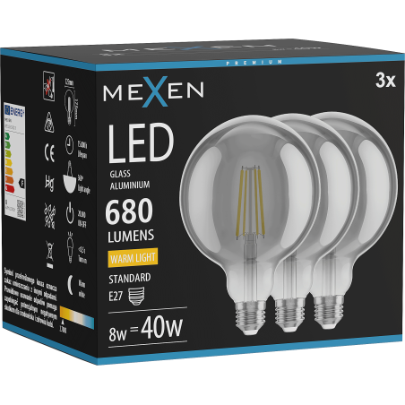 Mexen Vintis 3x LED vlákna žárovka E27, G125, 8W, Teplá - 2700K, 680 lm, kouřová - L158-E27-0827-70x03