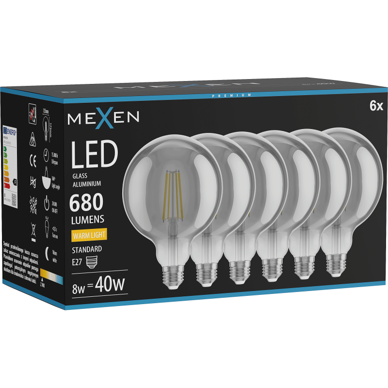 Mexen Vintis 6x žárovka filament LED E27, G125, 8W, Teplá - 2700K, 680 lm, kouřová - L158-E27-0827-70x06
