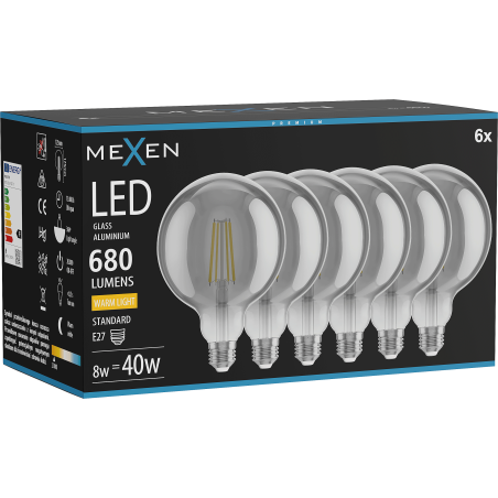 Mexen Vintis 6x žárovka filament LED E27, G125, 8W, Teplá - 2700K, 680 lm, kouřová - L158-E27-0827-70x06
