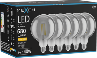 Mexen Vintis 6x žárovka filament LED E27, G125, 8W, Teplá - 2700K, 680 lm, kouřová - L158-E27-0827-70x06