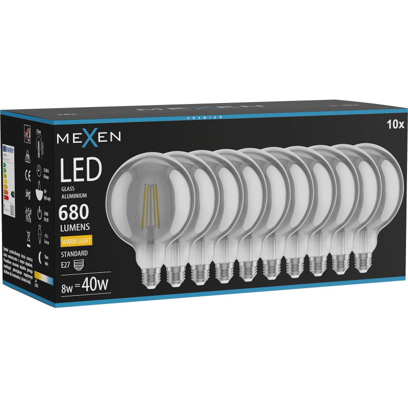 Mexen Vintis 10x Žárovka filament LED E27, G125, 8W, Teplá - 2700K, 680 lm, kouřová - L158-E27-0827-70x10