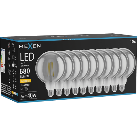 Mexen Vintis 10x Žárovka filament LED E27, G125, 8W, Teplá - 2700K, 680 lm, kouřová - L158-E27-0827-70x10