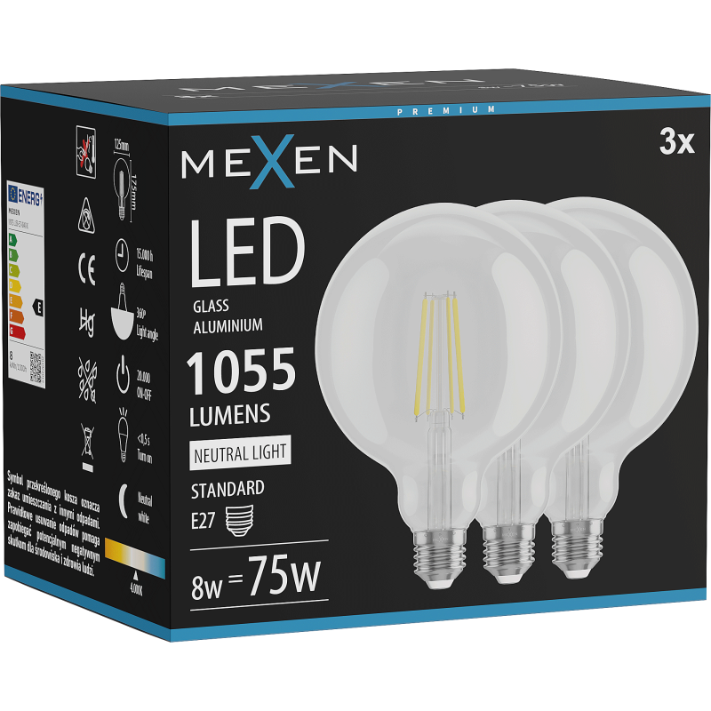 Mexen Vintis 3x LED žárovka filament E27, G125, 8W, Neutrální - 4000K, 1055 lm, čiré - L158-E27-0840-00x03