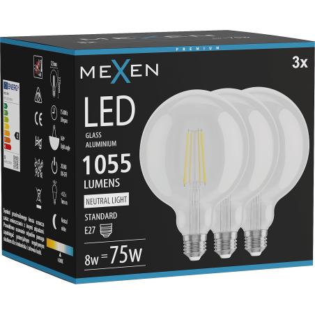 Mexen Vintis 3x LED žárovka filament E27, G125, 8W, Neutrální - 4000K, 1055 lm, čiré - L158-E27-0840-00x03