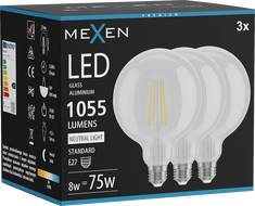 Mexen Vintis 3x LED žárovka filament E27, G125, 8W, Neutrální - 4000K, 1055 lm, čiré - L158-E27-0840-00x03