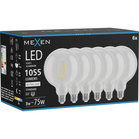 Mexen Vintis 6x žárovka filament LED E27, G125, 8W, Neutrální - 4000K, 1055 lm, čirá - L158-E27-0840-00x06