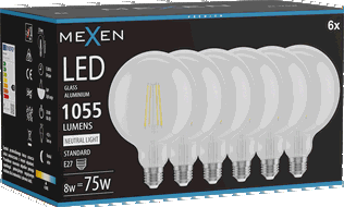 Mexen Vintis 6x žárovka filament LED E27, G125, 8W, Neutrální - 4000K, 1055 lm, čirá - L158-E27-0840-00x06