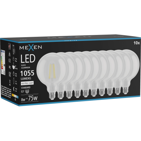 Mexen Vintis 10x žárovka filament LED E27, G125, 8W, Neutrální - 4000K, 1055 lm, čirá - L158-E27-0840-00x10