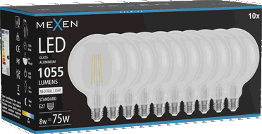 Mexen Vintis 10x žárovka filament LED E27, G125, 8W, Neutrální - 4000K, 1055 lm, čirá - L158-E27-0840-00x10