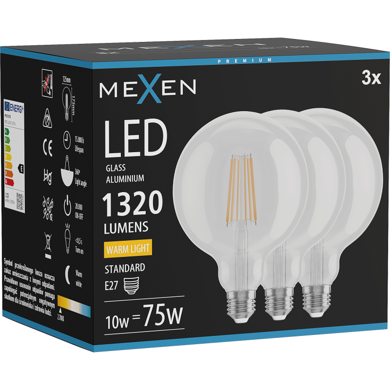 Mexen Vintis 3x LED filamentová žárovka E27, G125, 10W, Teplá - 2700K, 1320 lm, čirá - L158-E27-1027-00x03
