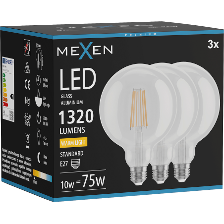 Mexen Vintis 3x LED filamentová žárovka E27, G125, 10W, Teplá - 2700K, 1320 lm, čirá - L158-E27-1027-00x03