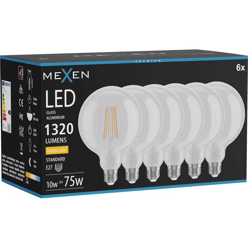 Mexen Vintis 6x Žárovka filament LED E27, G125, 10W, Teplá - 2700K, 1320 lm, čirá - L158-E27-1027-00x06