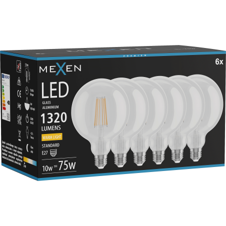 Mexen Vintis 6x Žárovka filament LED E27, G125, 10W, Teplá - 2700K, 1320 lm, čirá - L158-E27-1027-00x06
