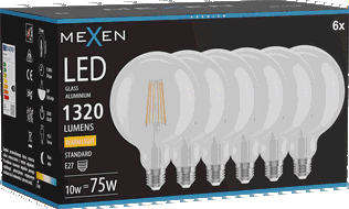 Mexen Vintis 6x Žárovka filament LED E27, G125, 10W, Teplá - 2700K, 1320 lm, čirá - L158-E27-1027-00x06