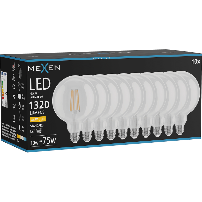 Mexen Vintis 10x LED žárovka filament E27, G125, 10W, Teplá - 2700K, 1320 lm, čirá - L158-E27-1027-00x10
