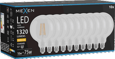 Mexen Vintis 10x LED žárovka filament E27, G125, 10W, Teplá - 2700K, 1320 lm, čirá - L158-E27-1027-00x10