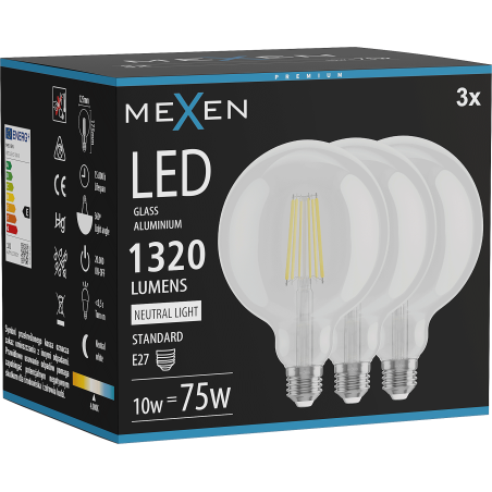 Mexen Vintis 3x žárovka filament LED E27, G125, 10W, Neutrální - 4000K, 1320 lm, čirá - L158-E27-1040-00x03