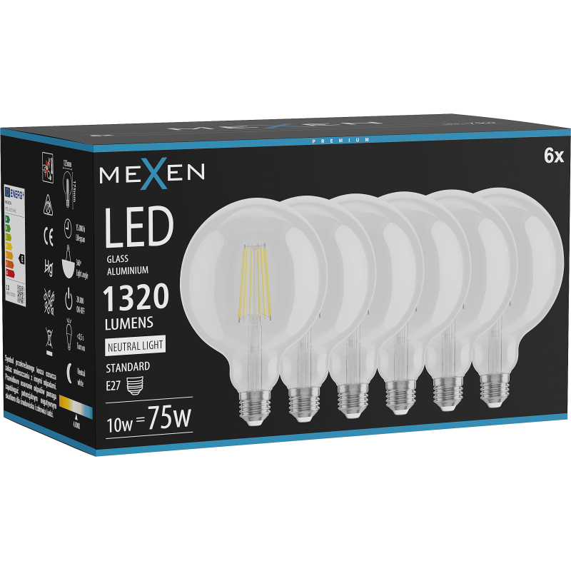 Mexen Vintis 6x žárovka filament LED E27, G125, 10W, Neutrální - 4000K, 1320 lm, čirá - L158-E27-1040-00x06