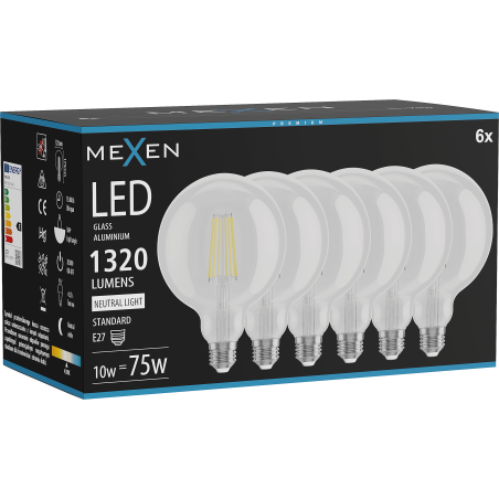 Mexen Vintis 6x žárovka filament LED E27, G125, 10W, Neutrální - 4000K, 1320 lm, čirá - L158-E27-1040-00x06