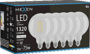 Mexen Vintis 6x žárovka filament LED E27, G125, 10W, Neutrální - 4000K, 1320 lm, čirá - L158-E27-1040-00x06