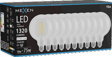 Mexen Vintis 10x žárovka filament LED E27, G125, 10W, Neutrální - 4000K, 1320 lm, čirá - L158-E27-1040-00x10