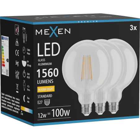 Mexen Vintis 3x žárovka filament LED E27, G125, 12W, Teplá - 2700K, 1560 lm, čirá - L158-E27-1227-00x03