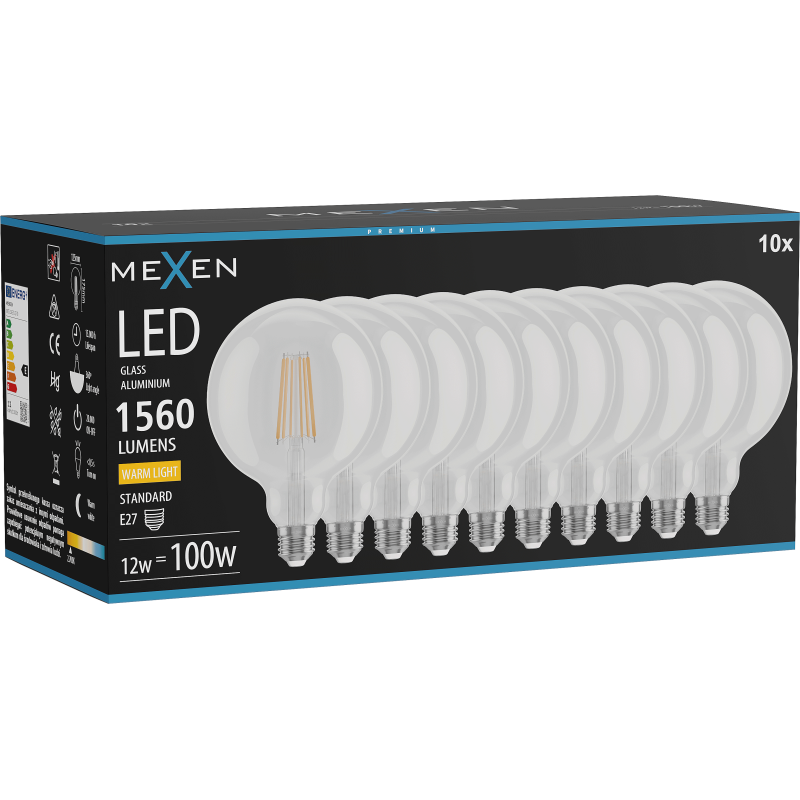 Mexen Vintis 10x žárovka filament LED E27, G125, 12W, Teplá - 2700K, 1560 lm, čirá - L158-E27-1227-00x10