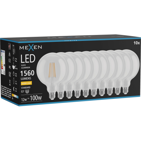 Mexen Vintis 10x žárovka filament LED E27, G125, 12W, Teplá - 2700K, 1560 lm, čirá - L158-E27-1227-00x10